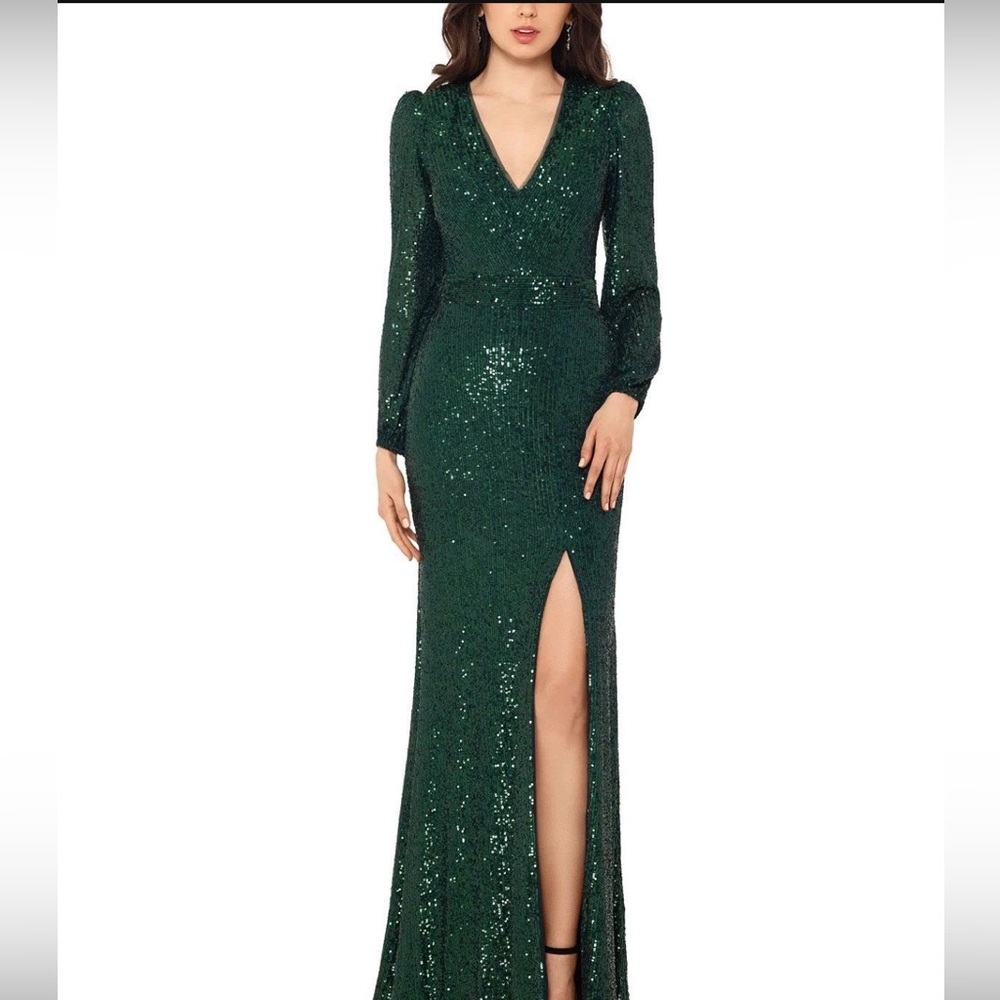 Xscape Emerald Sequin Long Sleeve Dress - Picture 5 of 7